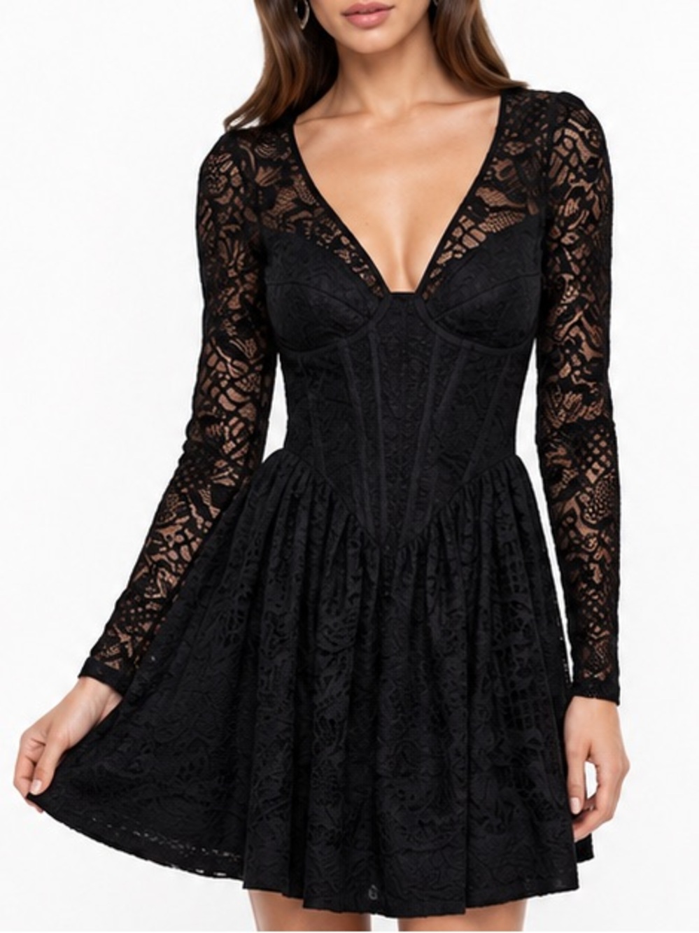 Bardot Black Lace Dress with Sheer Overlay
